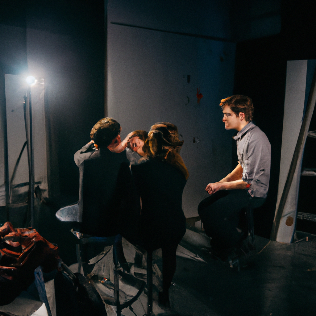 Cinematická fotografie: malé černé divadlo v Praze, teplá jevištní světla a studenti při cvičení emocí.